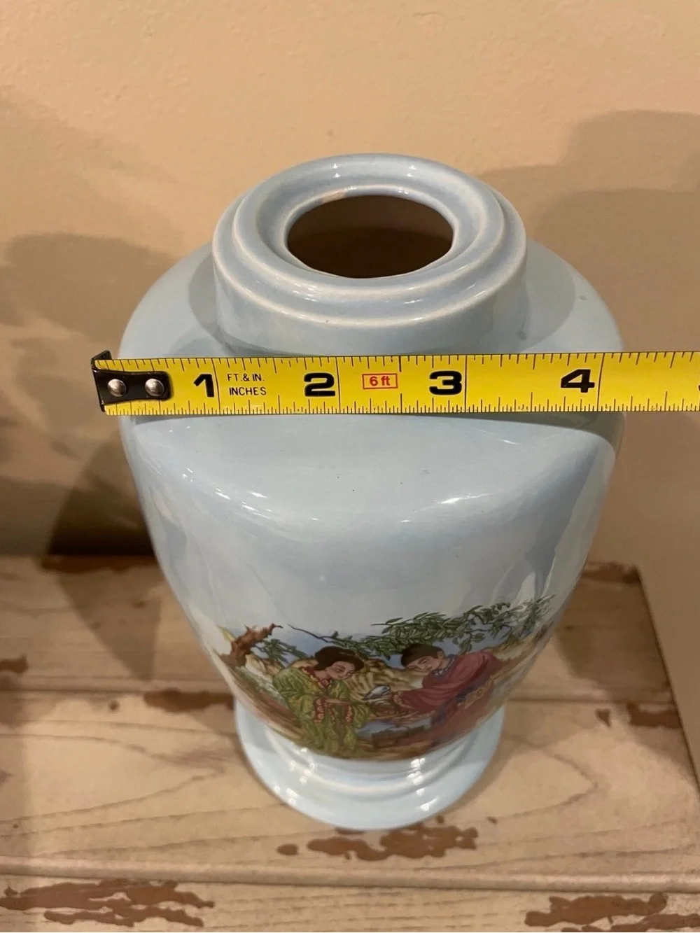 Vintage Ceramic Vase Asian Art Figural Hand Painted Blue